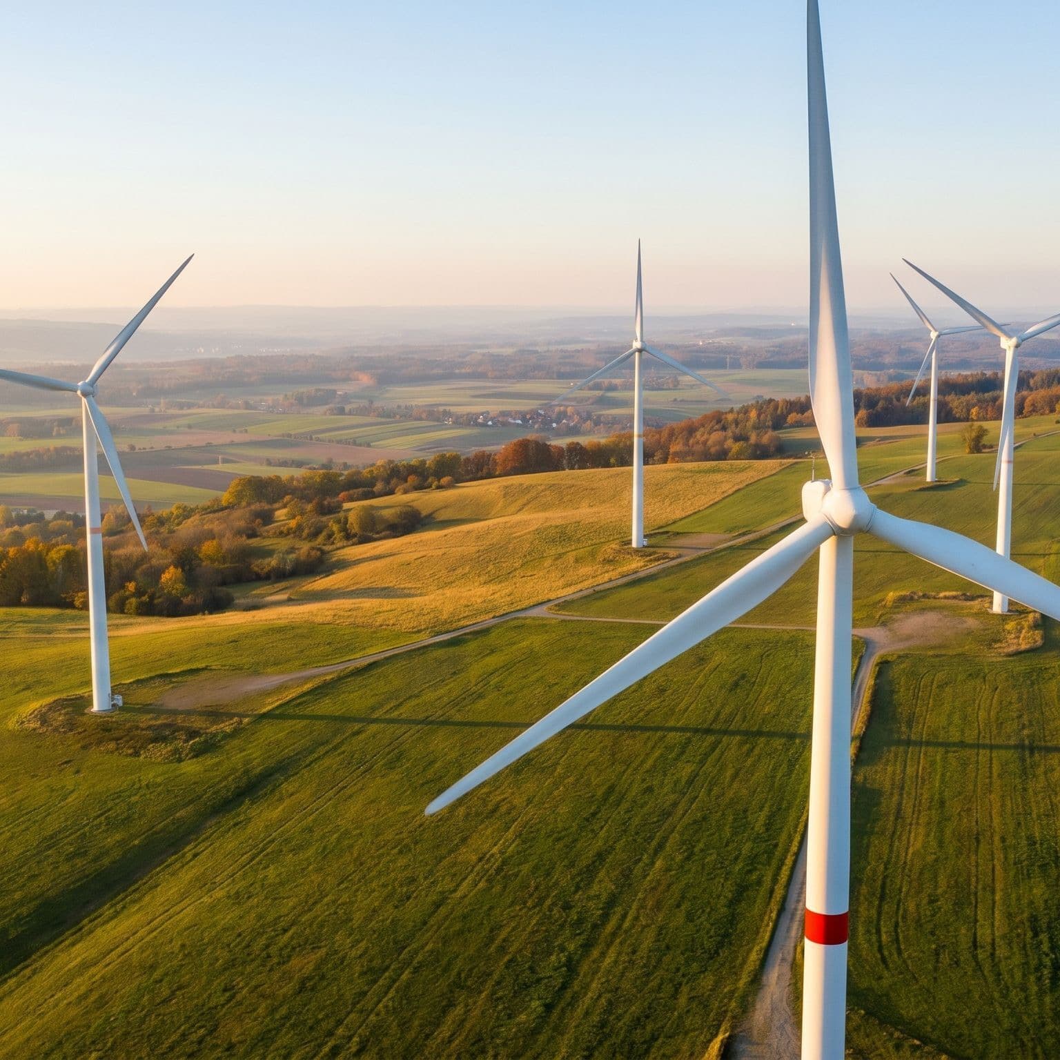 Wind turbines on green hills at golden hour