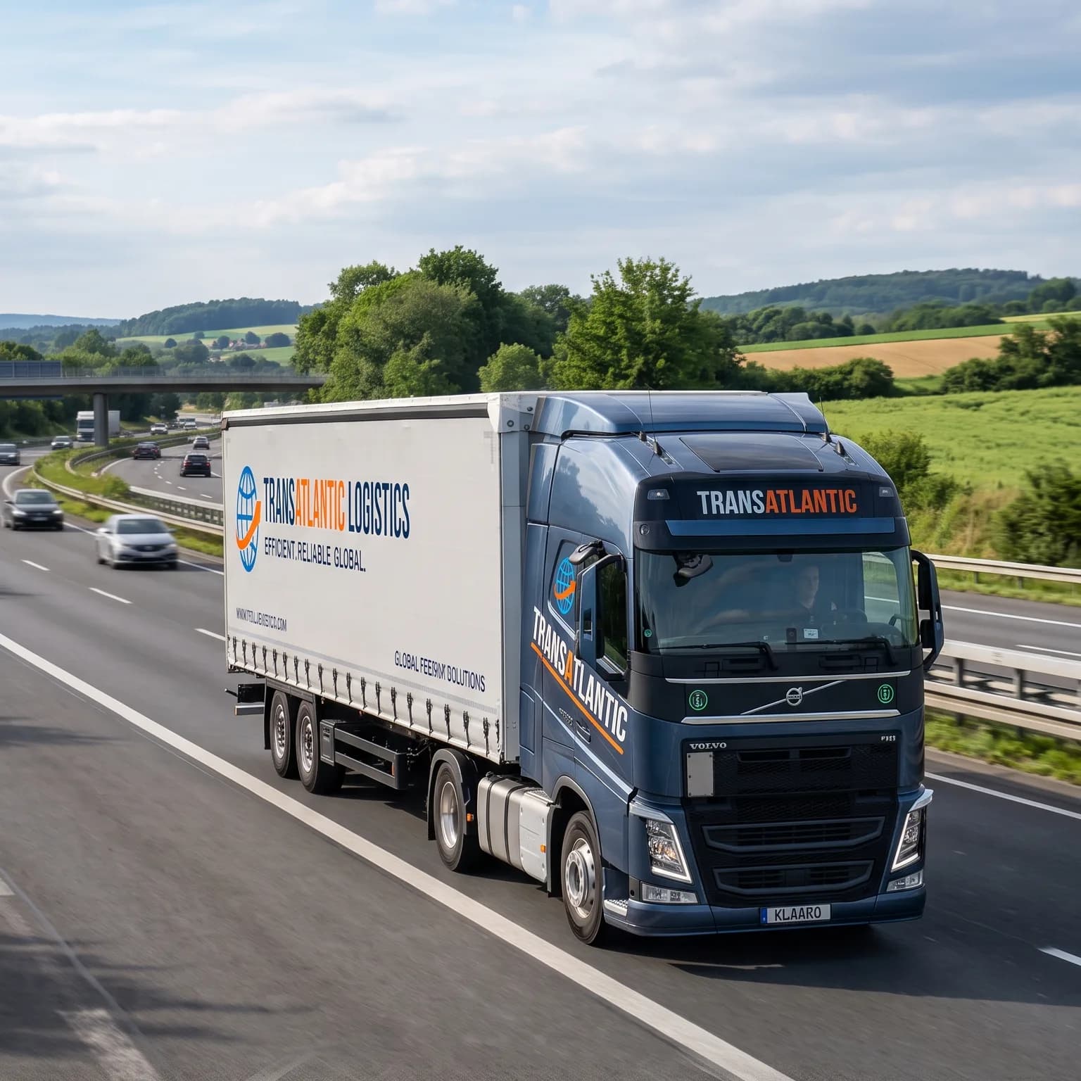 Freight truck hauling a cargo trailer along a highway through green countryside