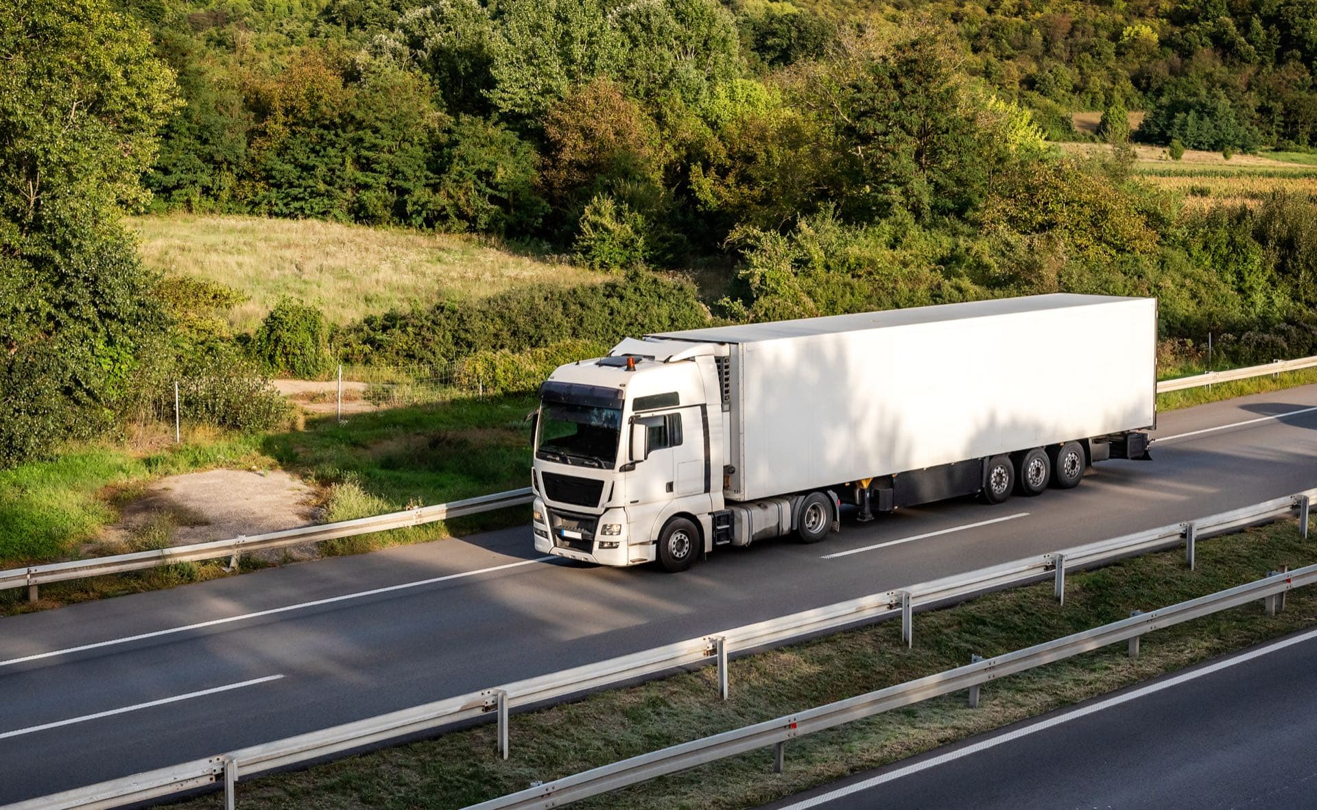 White freight truck on a motorway through wooded countryside